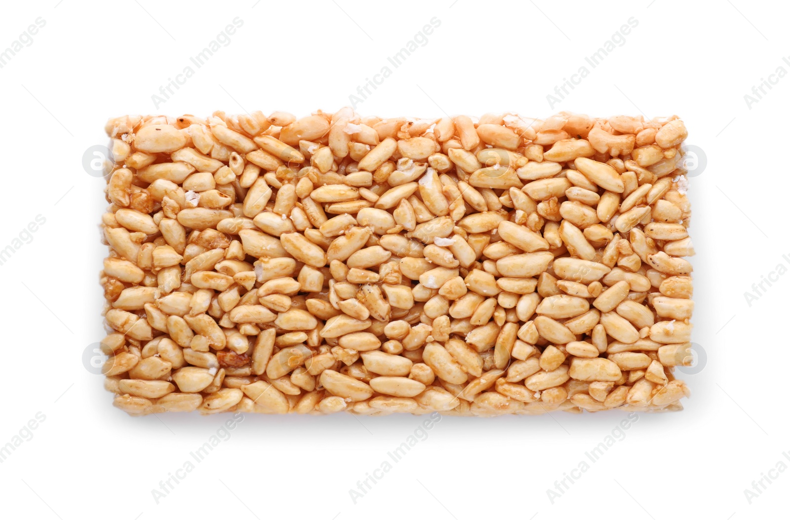 Photo of Puffed rice bar (kozinaki) on white background, top view