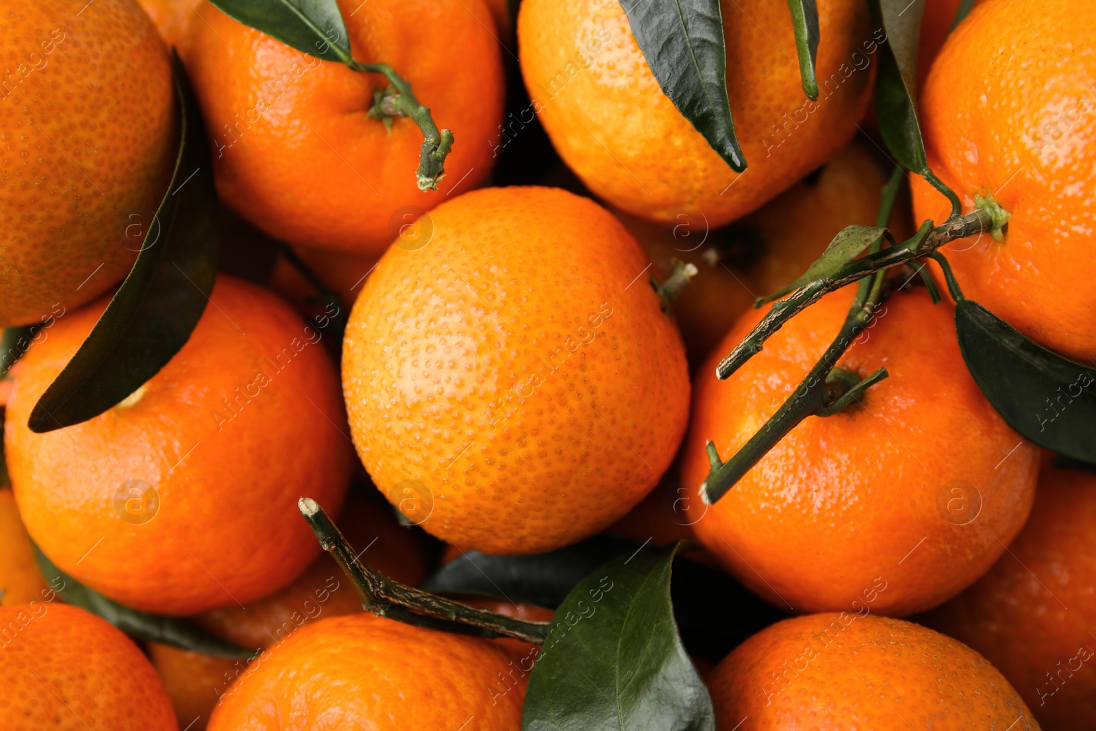 Photo of Fresh ripe tangerines and leaves as background, top view