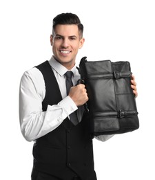 Businessman with stylish leather briefcase on white background