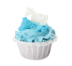 Photo of Baby shower cupcake with light blue cream and topper isolated on white
