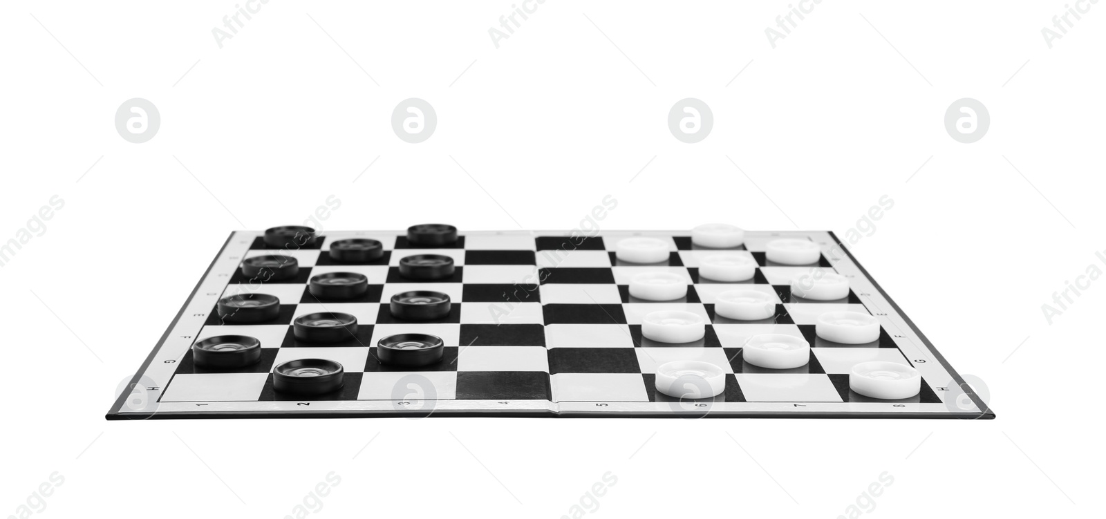 Photo of Checkerboard with game pieces isolated on white