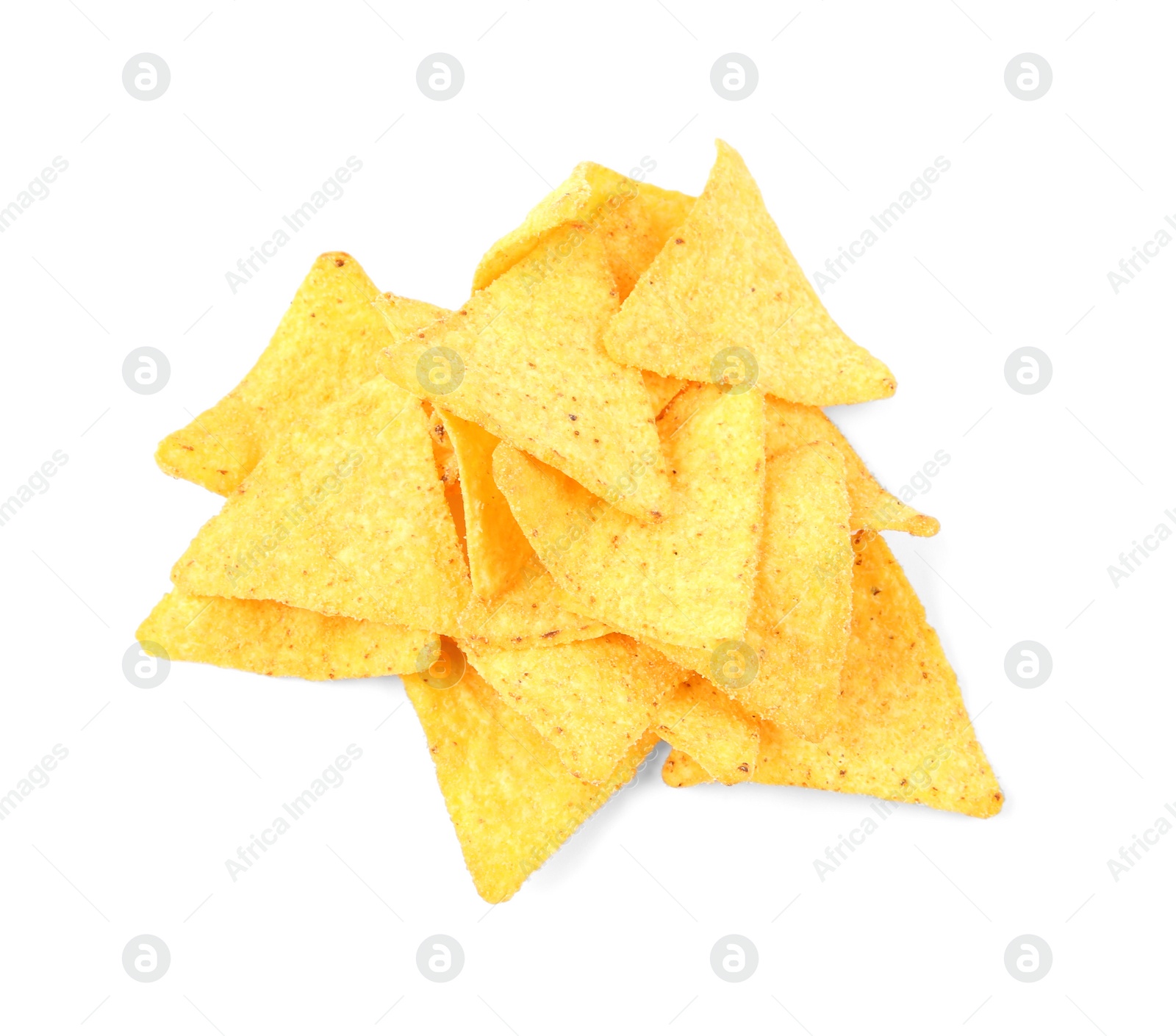 Photo of Tasty Mexican nachos chips on white background, top view