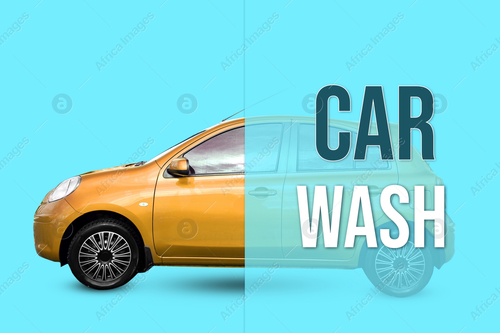 Image of Text Car Wash and modern automobile on light blue background