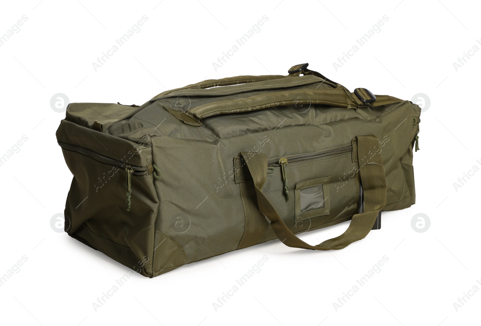 Photo of Army duffle bag isolated on white. Military equipment