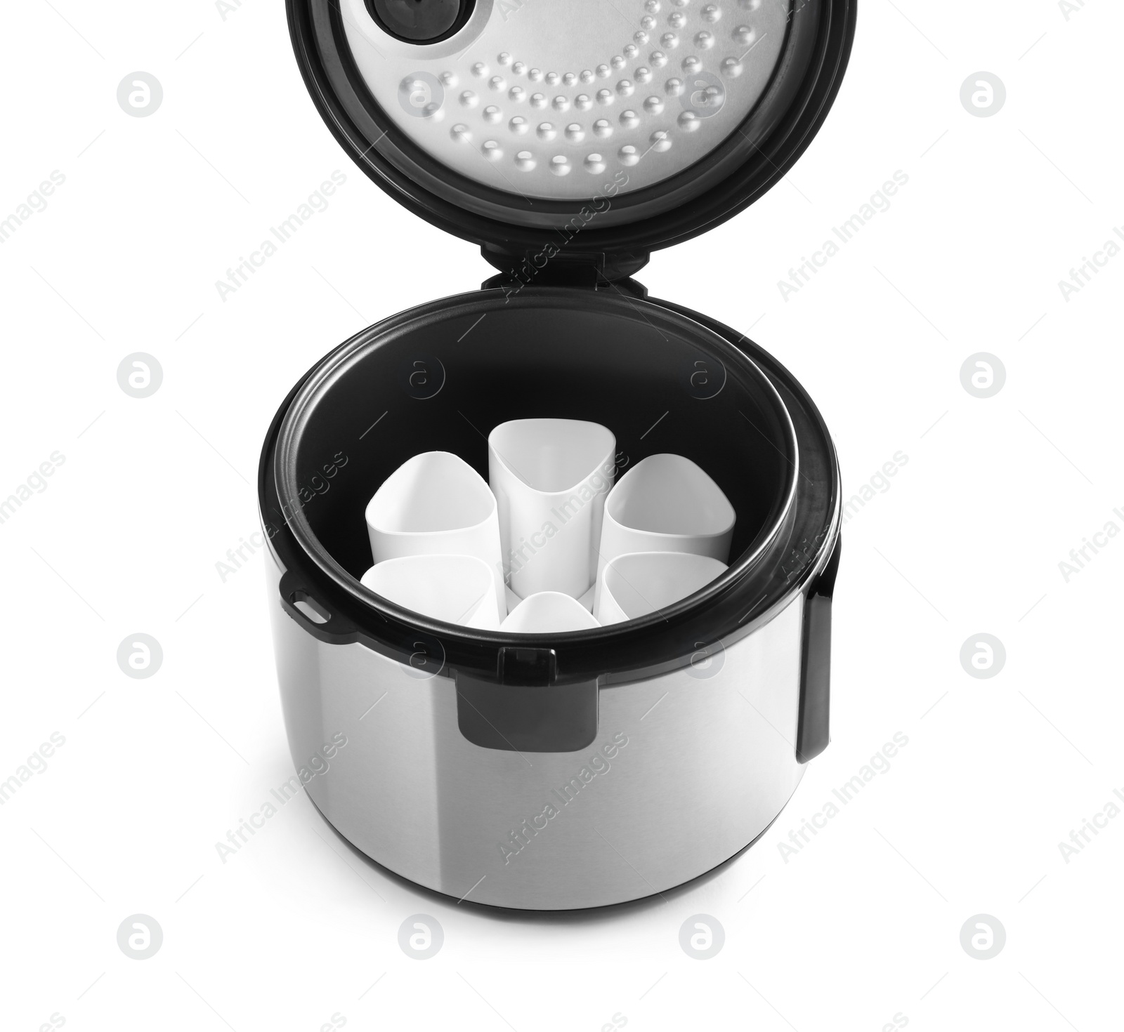 Photo of Modern multi cooker with cups for yogurt isolated on white