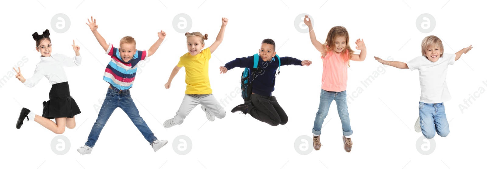 Image of Cute little children jumping on white background, collage. Banner design