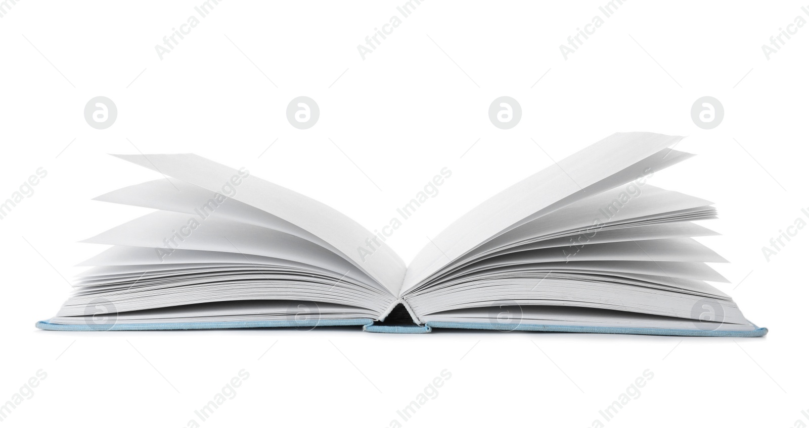 Photo of Open book with hard cover on white background