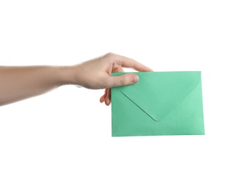 Photo of Woman holding green paper envelope on white background, closeup