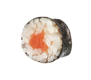 Photo of Delicious fresh sushi roll with salmon isolated on white