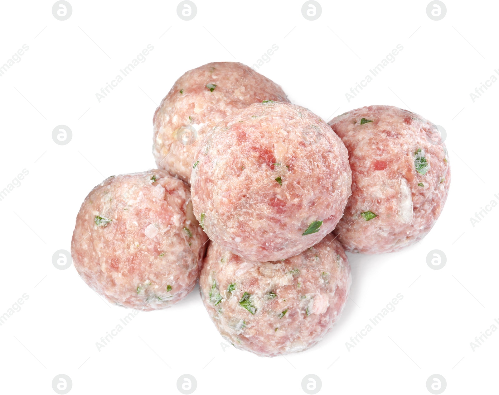 Photo of Many fresh raw meatballs on white background, top view