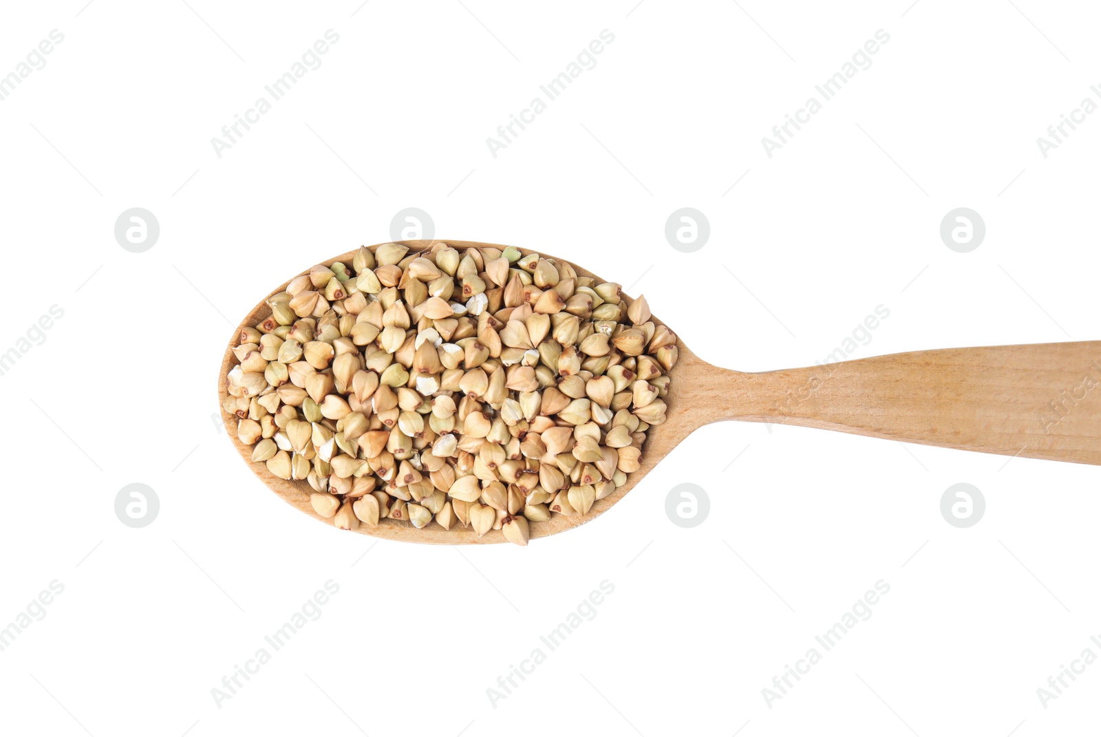 Photo of Uncooked green buckwheat grains in spoon isolated on white, top view