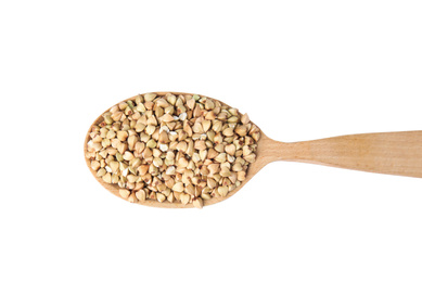 Photo of Uncooked green buckwheat grains in spoon isolated on white, top view