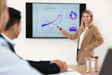 Photo of Businesswoman showing charts on tv screen in office