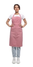 Young woman in red striped apron on white background