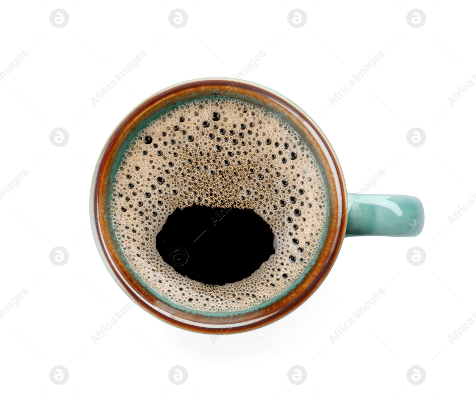 Photo of Cup with delicious hot coffee on white background