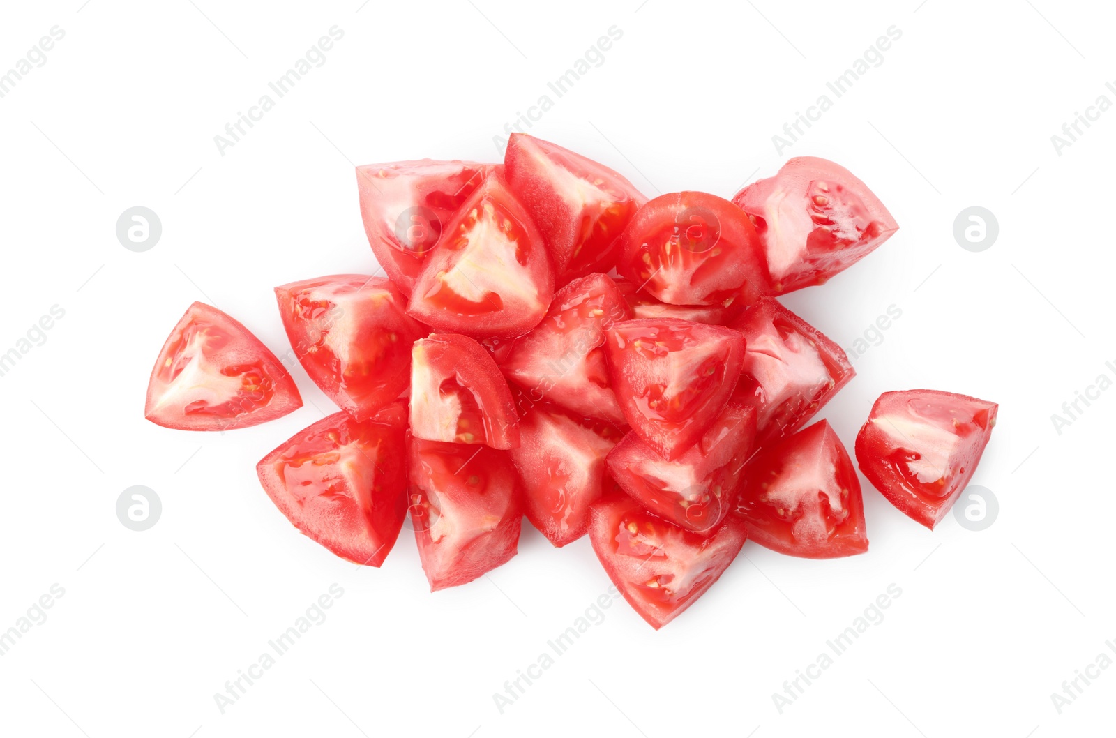 Photo of Pieces of red ripe tomato isolated on white, top view