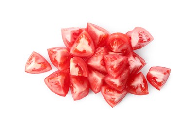 Photo of Pieces of red ripe tomato isolated on white, top view