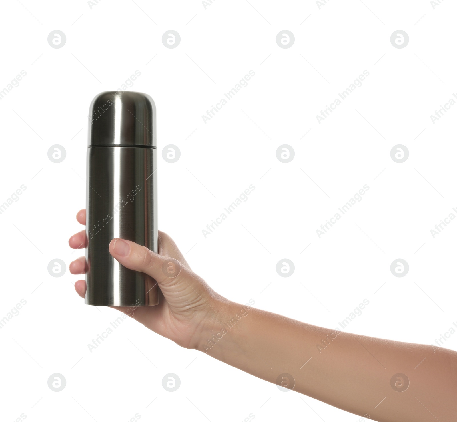 Photo of Woman holding silver thermos on white background, closeup