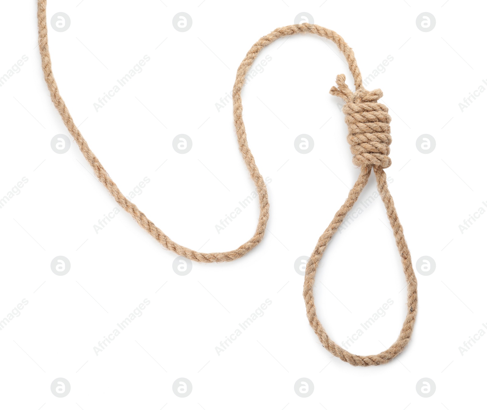 Photo of Rope noose with knot on white background, top view