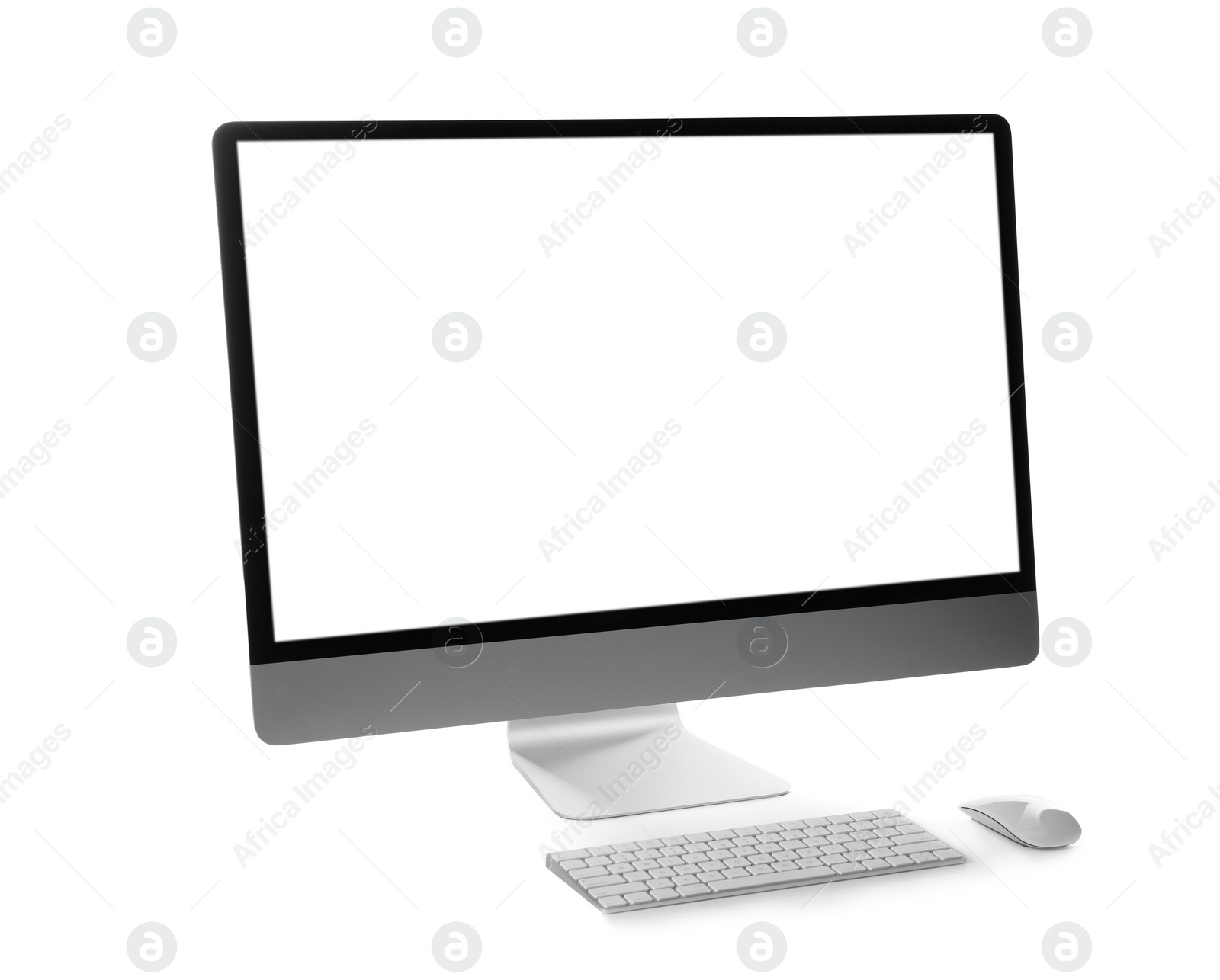 Photo of Modern computer with blank monitor screen and peripherals on white background