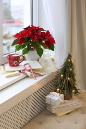 Photo of Beautiful poinsettia, cup of hot cocoa and decorative tree near window indoors. Traditional Christmas flower