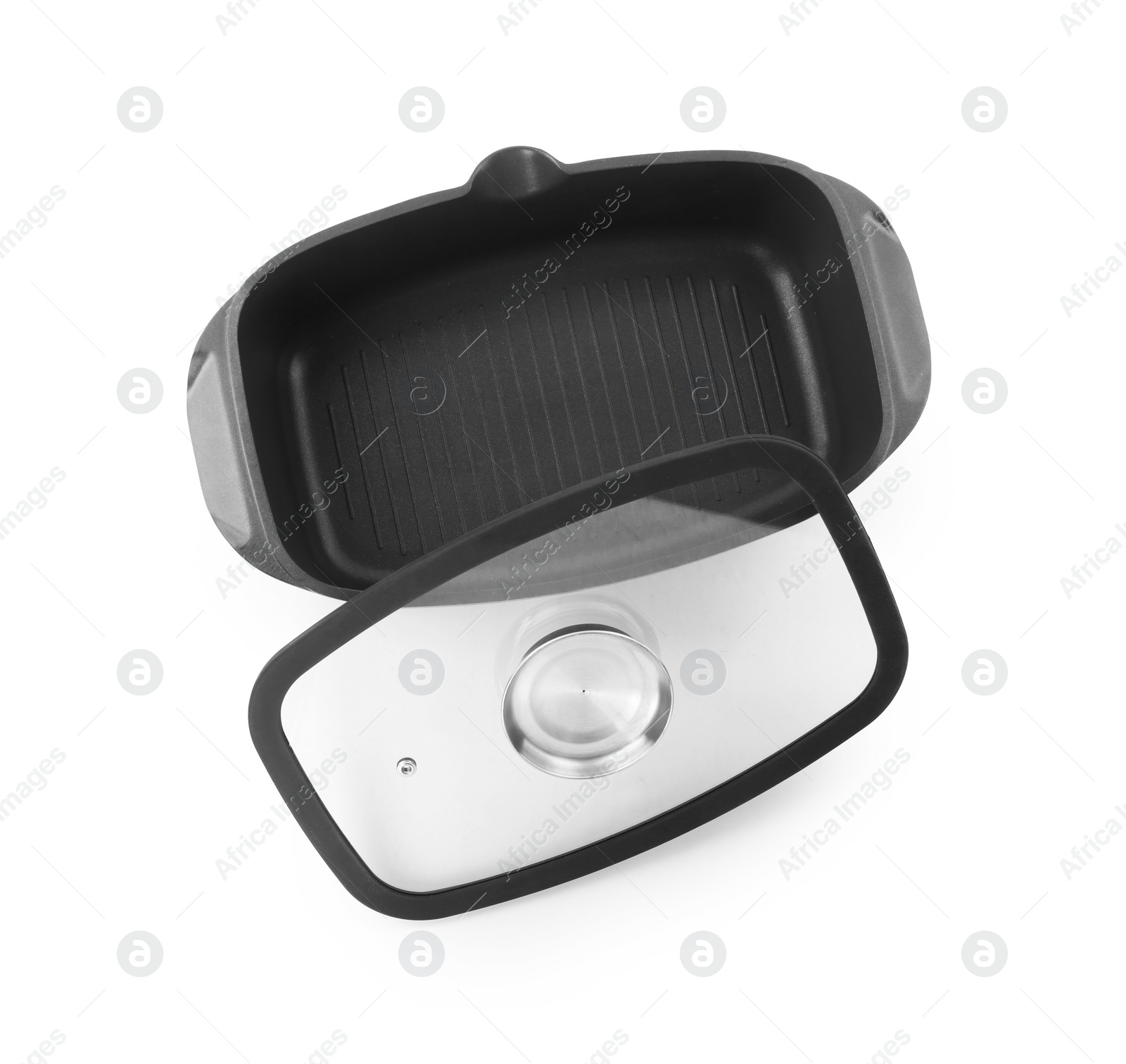 Photo of One black pot with glass lid isolated on white, top view