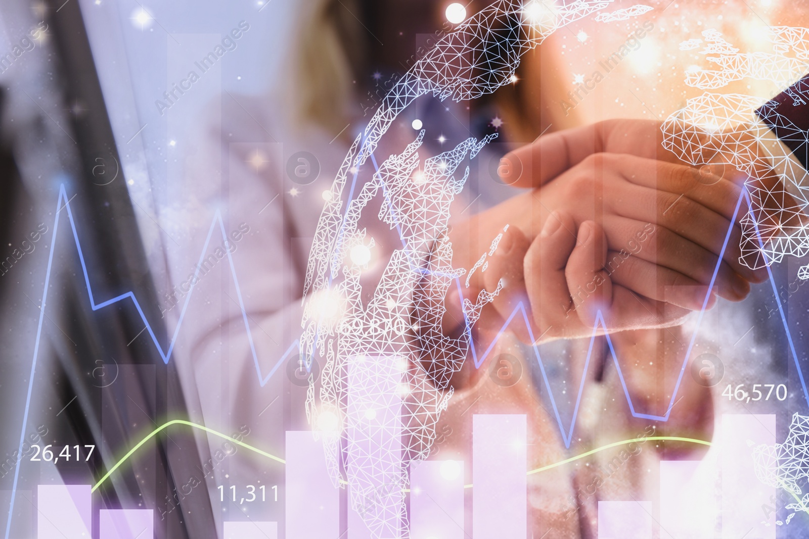 Image of Deal or partnership concept. Double exposure with globe, charts and photo of businesspeople shaking hands