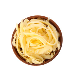 Photo of Wooden bowl with grated cheese isolated on white, top view