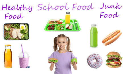 Image of School food, healthy or junk. Girl and different products as variants for lunch