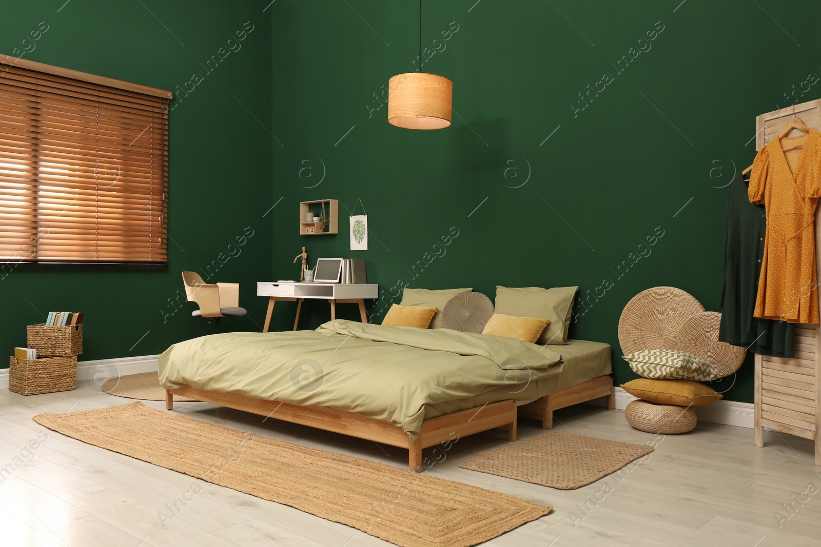 Photo of Stylish bedroom with modern furniture. Interior design