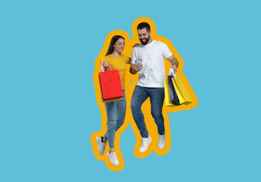 Image of Happy couple with shopping bags looking at smartphone and jumping on light blue background