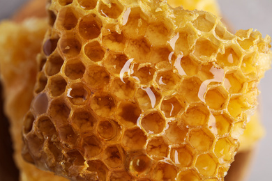 Closeup view of delicious sweet honeycomb on table