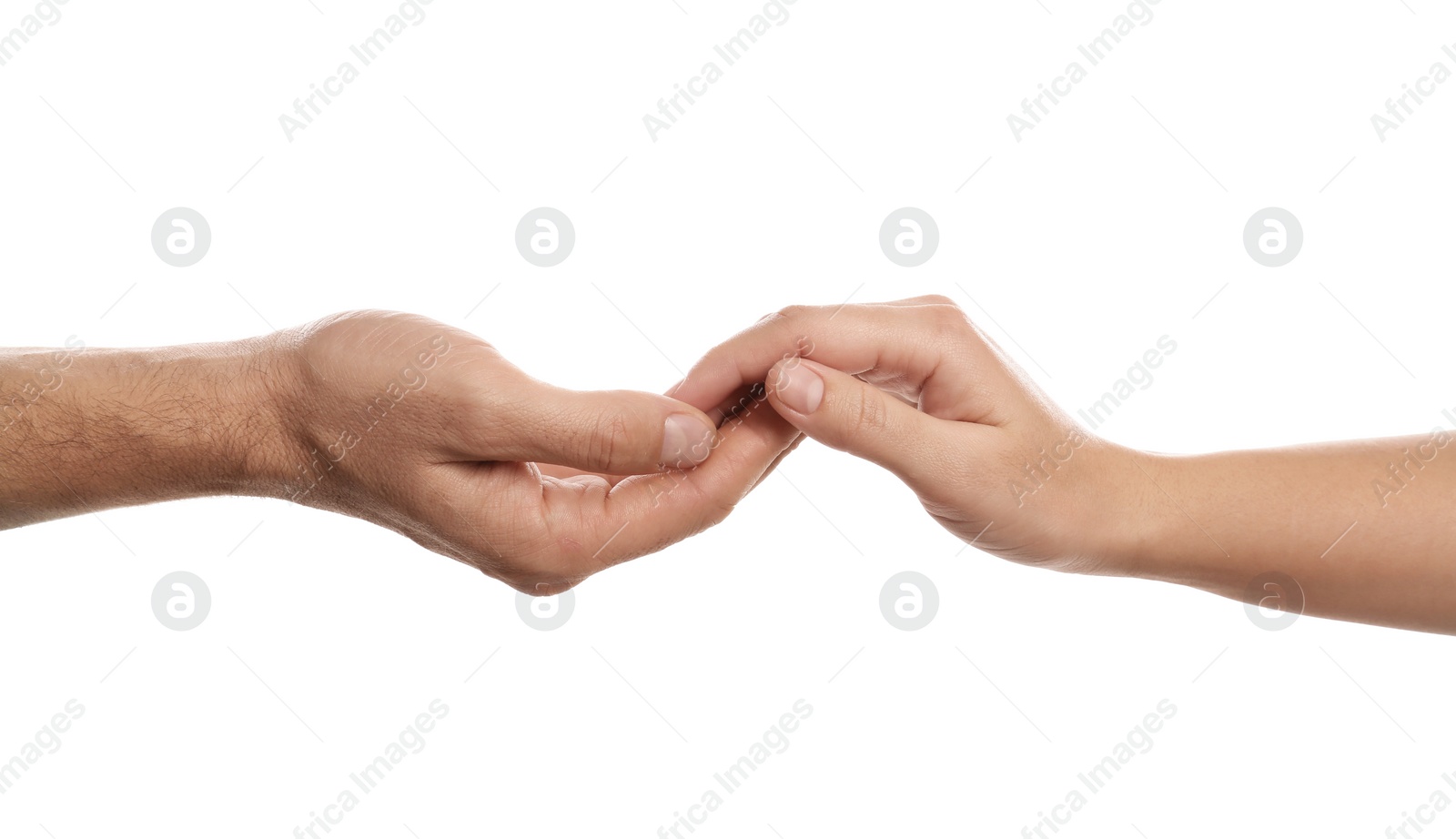 Photo of Man and woman holding hands on white background, closeup. Help and support concept