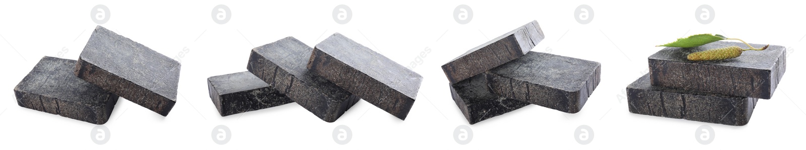 Image of Set with tar soap bars on white background. Banner design