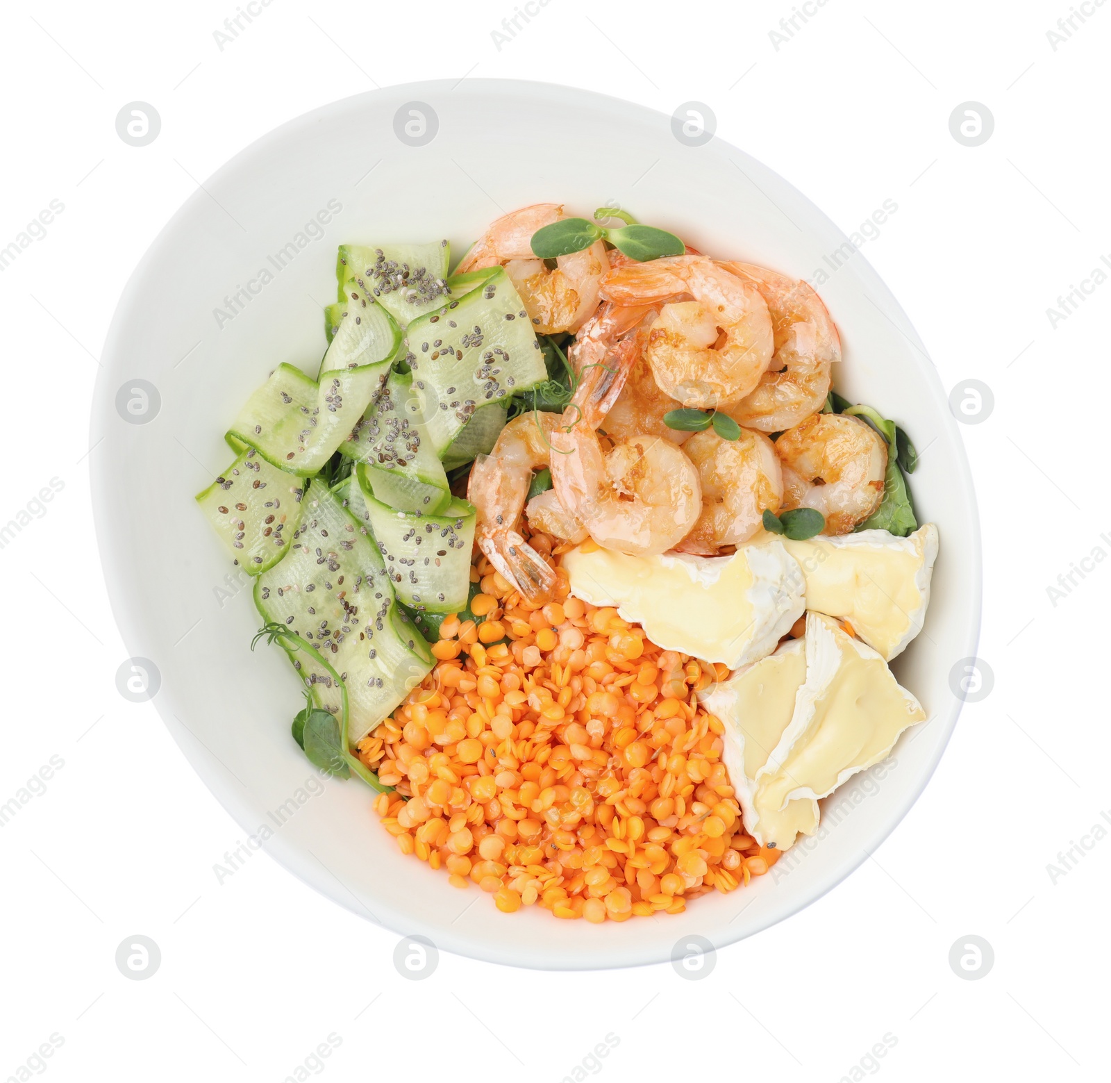 Photo of Delicious lentil bowl with shrimps, soft cheese and cucumber on white background, top view