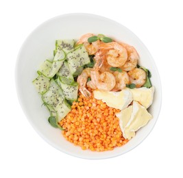 Delicious lentil bowl with shrimps, soft cheese and cucumber on white background, top view