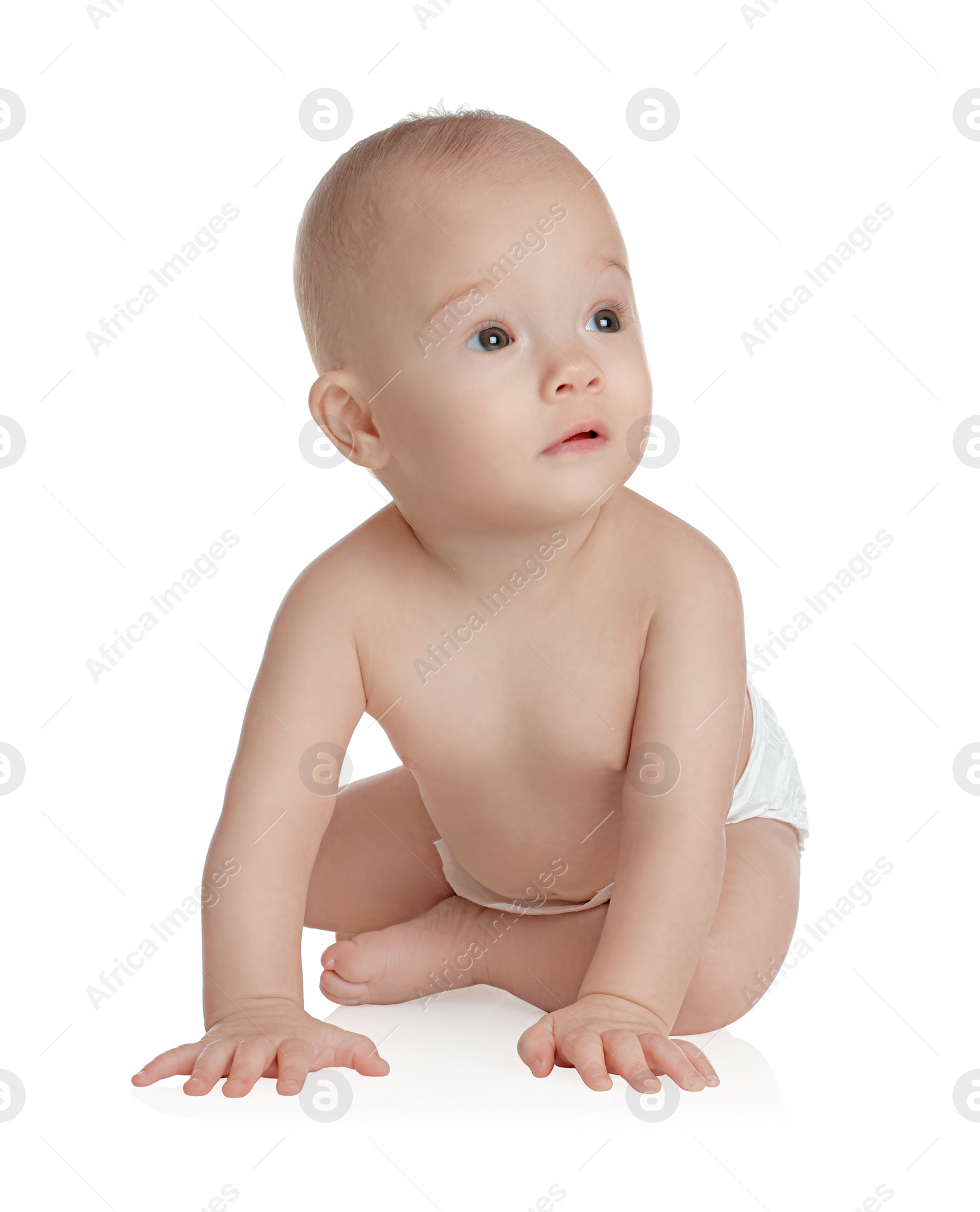 Photo of Cute little baby in diaper on white background