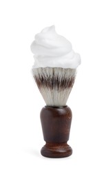 Photo of Shaving brush with foam isolated on white