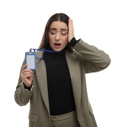 Photo of Worried woman with vip pass badge on white background