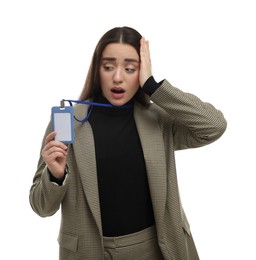 Worried woman with vip pass badge on white background