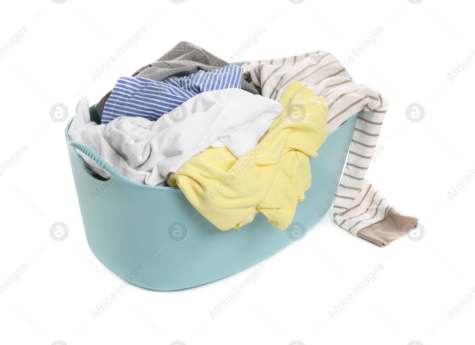 Photo of Plastic laundry basket full of clothes isolated on white