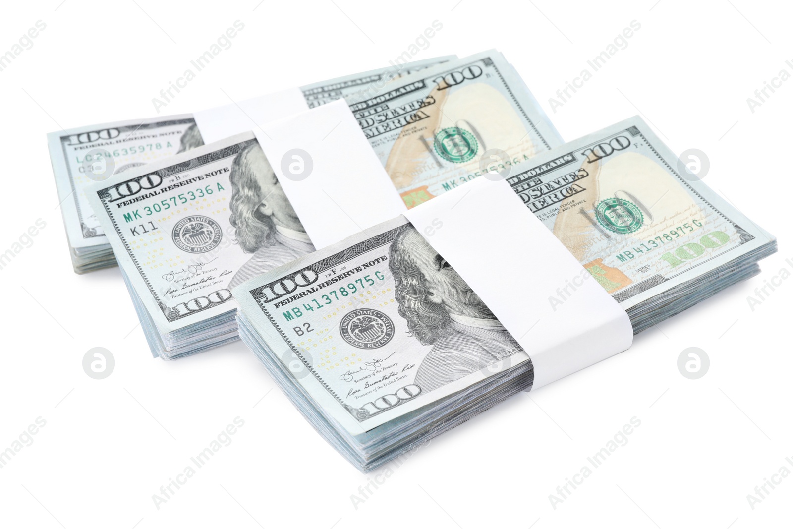 Photo of Bundles of dollar banknotes on white background. American national currency