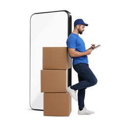 Image of Courier with stack of parcels and clipboard near huge smartphone on white background. Delivery service