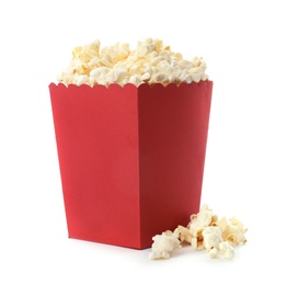 Photo of Red bucket with delicious popcorn on white background