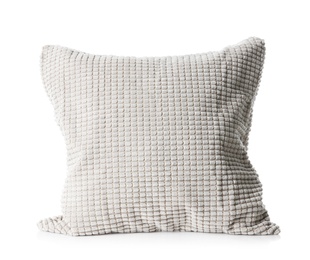 Photo of Soft decorative pillow on white background