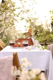 Stylish table setting with beautiful spring flowers, wine and croissants in garden