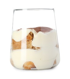 Photo of Delicious tiramisu in glass isolated on white