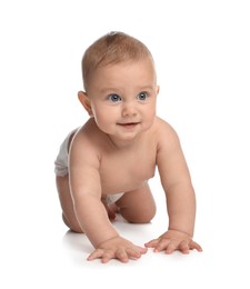 Photo of Cute little baby in diaper crawling on white background