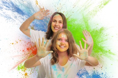 Image of Holi festival celebration. Happy woman and girl covered with colorful powder dyes on white background