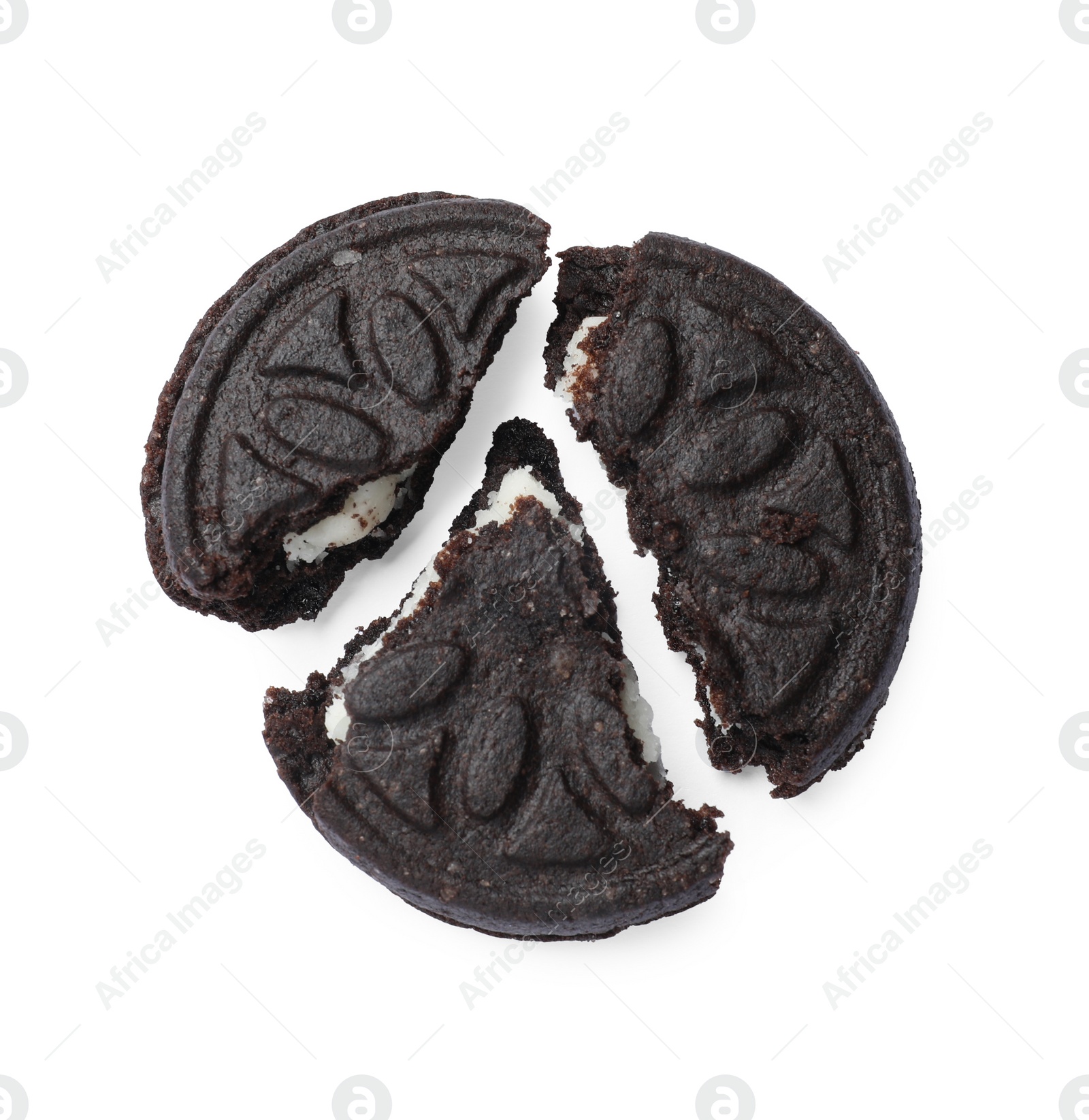 Photo of Pieces of tasty sandwich cookie isolated on white, top view